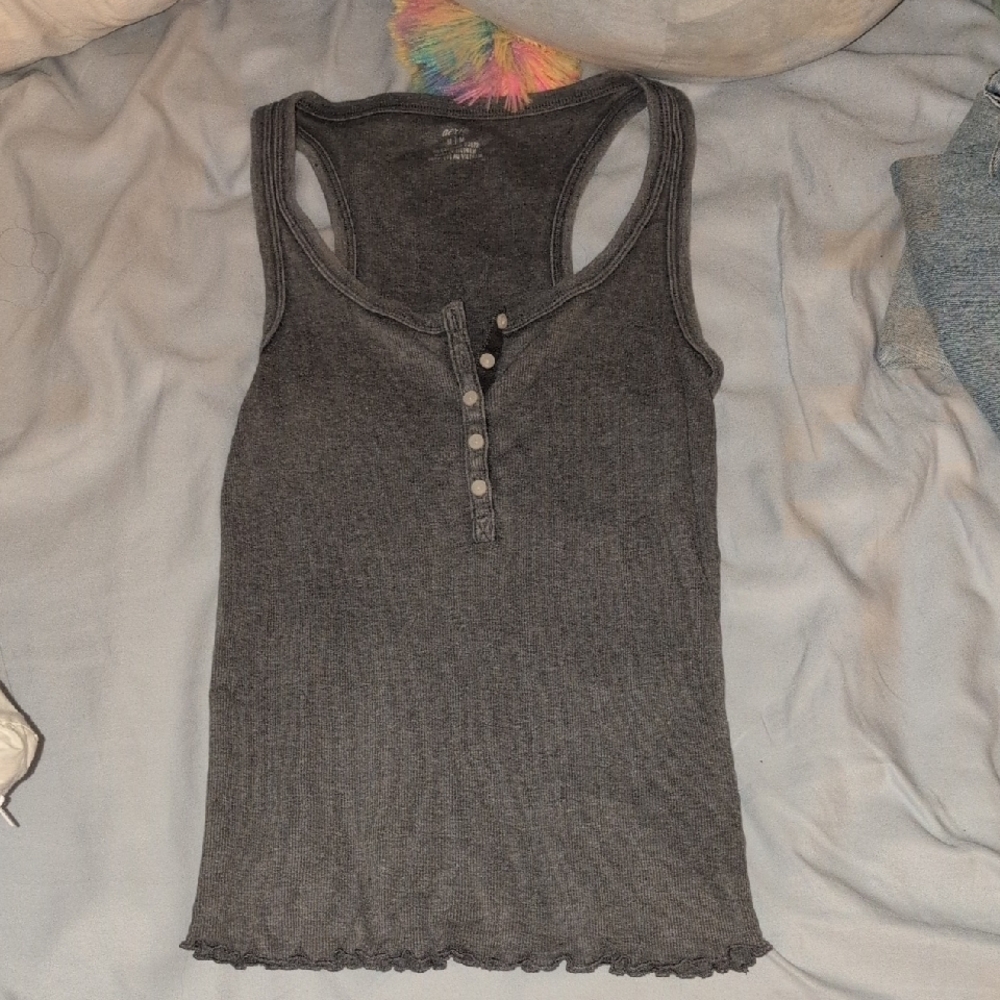 Aerie Gray Ribbed Tank Top with Button Detail
